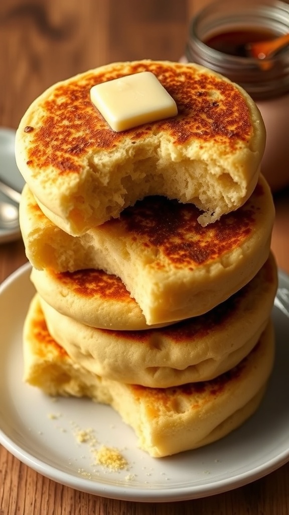 Homemade Sourdough English Muffins Recipe Golden-brown sourdough English muffins split open with butter, on a rustic wooden table.